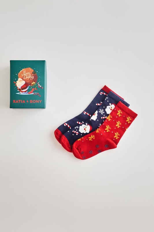 Children's 3-Pack Boxed Christmas Patterned Ankle Socks Navy Blue/Red